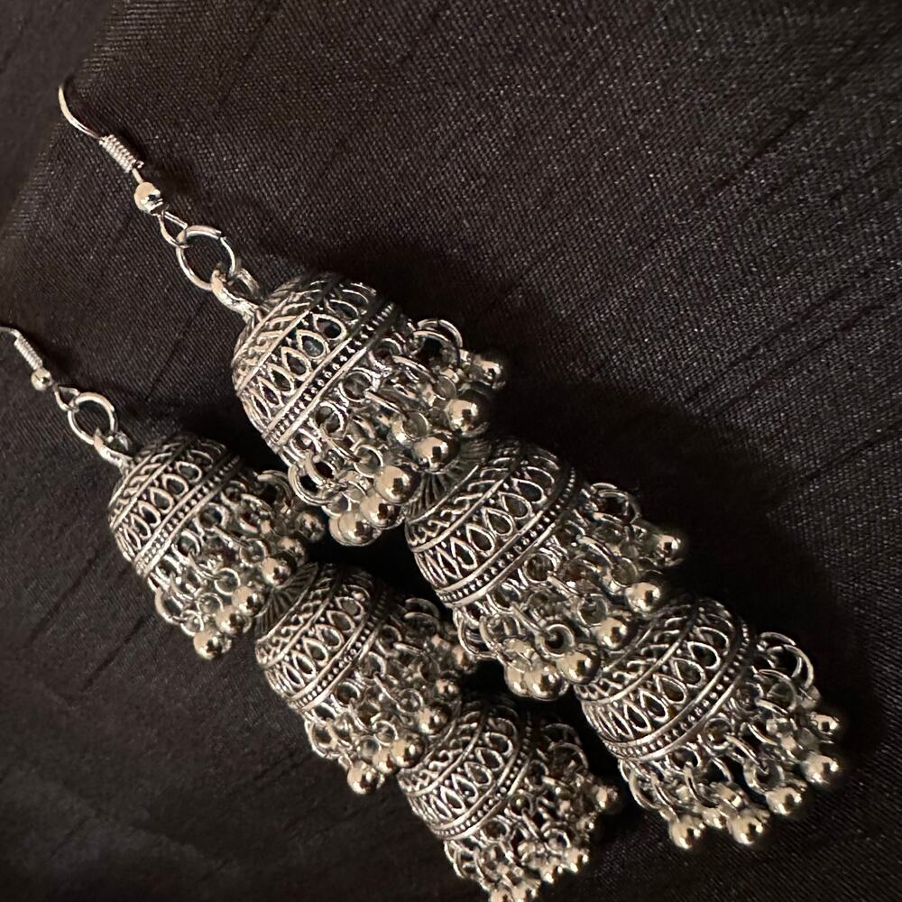 Bollywood Desi Boho Jhumka Tiered Silver Tone Oxidized Earrings